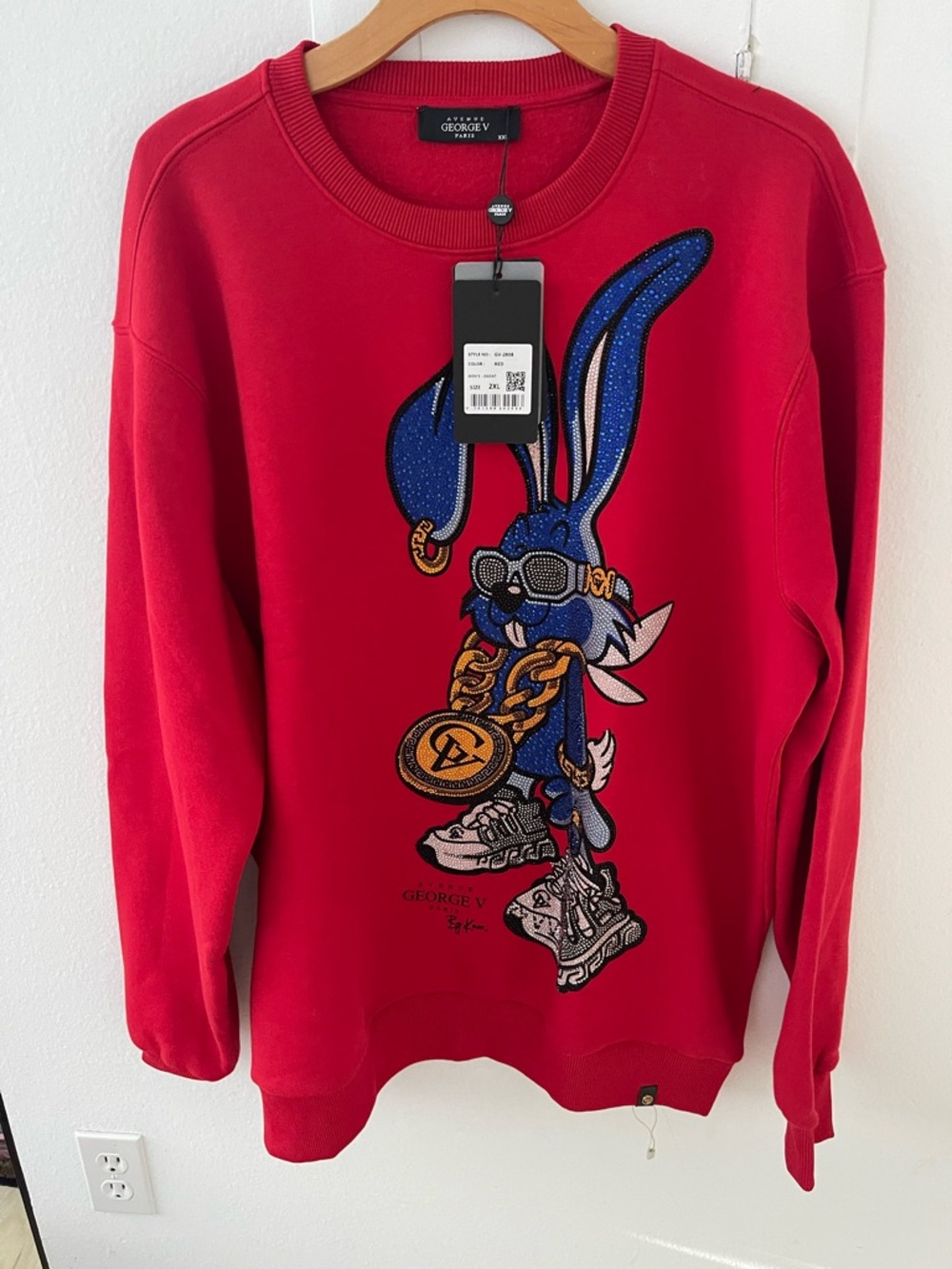 Avenue George V Paris Red Sweatshirt Sweater rhinestone bunny Rabbit 2XL NWT